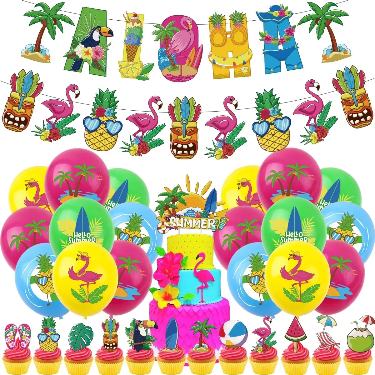 Hawaiian Flamingo Theme Girls Birthday Party Decoration Paper Cup Plate Napkins Caketopper Balloons For Hen Party Decor Supplies