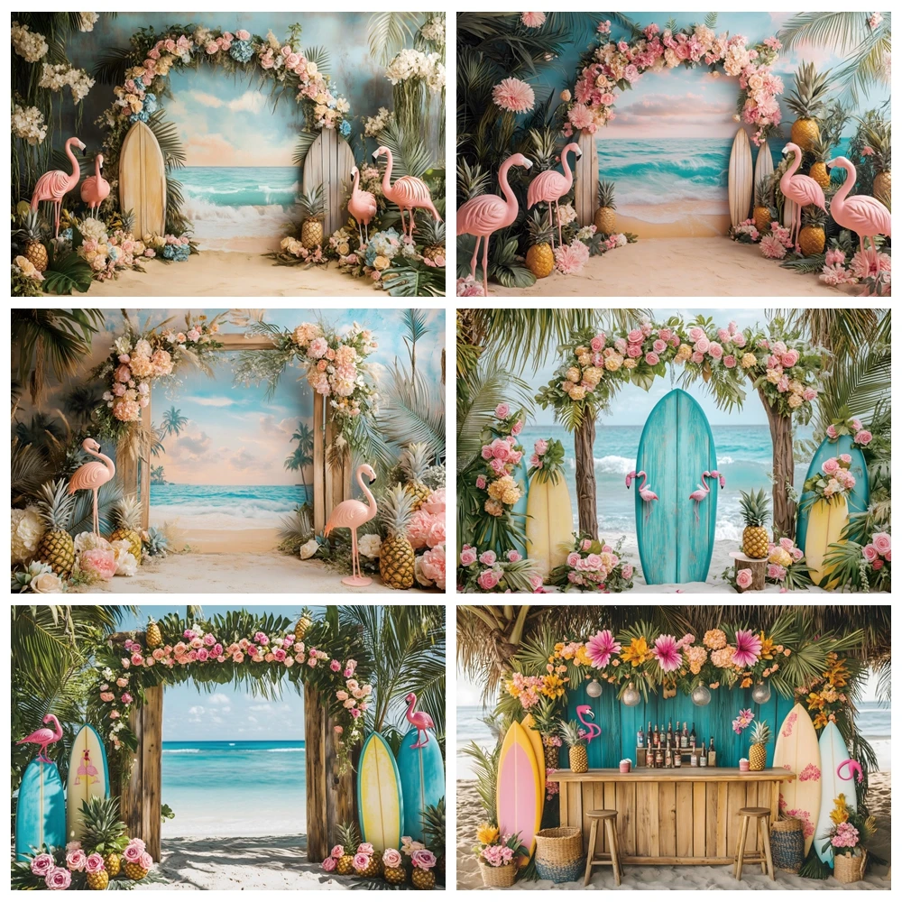 Summer Tropical Beach Backdrop Hawaiian Aloha Luau Seaside Surfboard Ocean Flamingo Flower Camping Party Photography Background