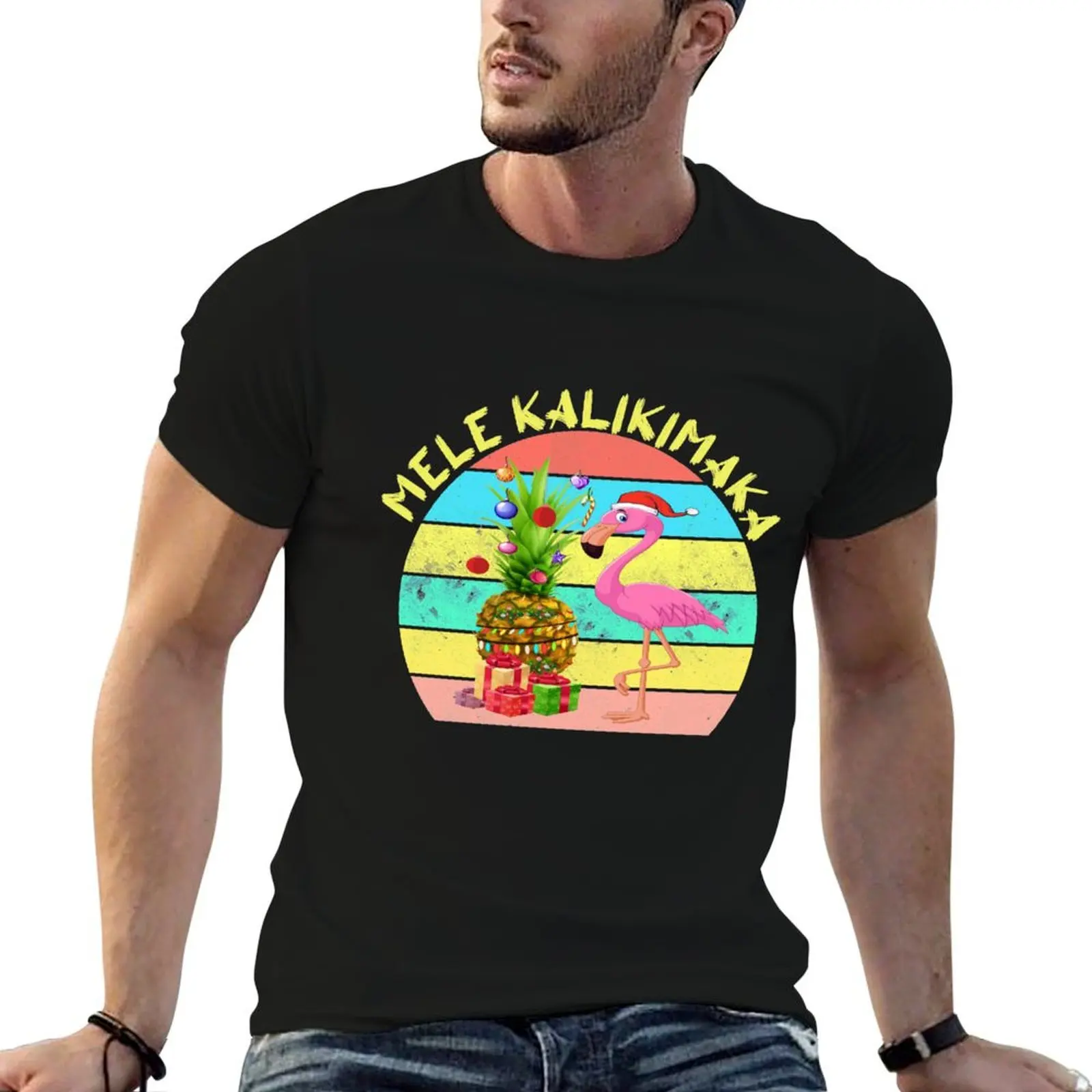 Mele Kalikimaka Flamingo Decorate Pineapple Christmas Hawaiian Hawaii T-Shirt Summer Holiday T-Shirt