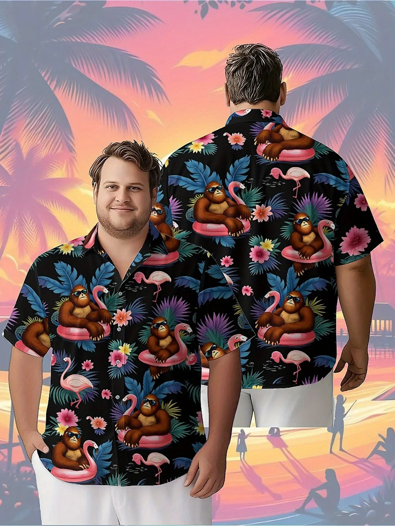 Men's Plus Size Hawaiian Shirts Fun Monkey Pink Flamingo Swimming Ring pattern,Unisex Aloha Shirts,summer Alternative Clothing