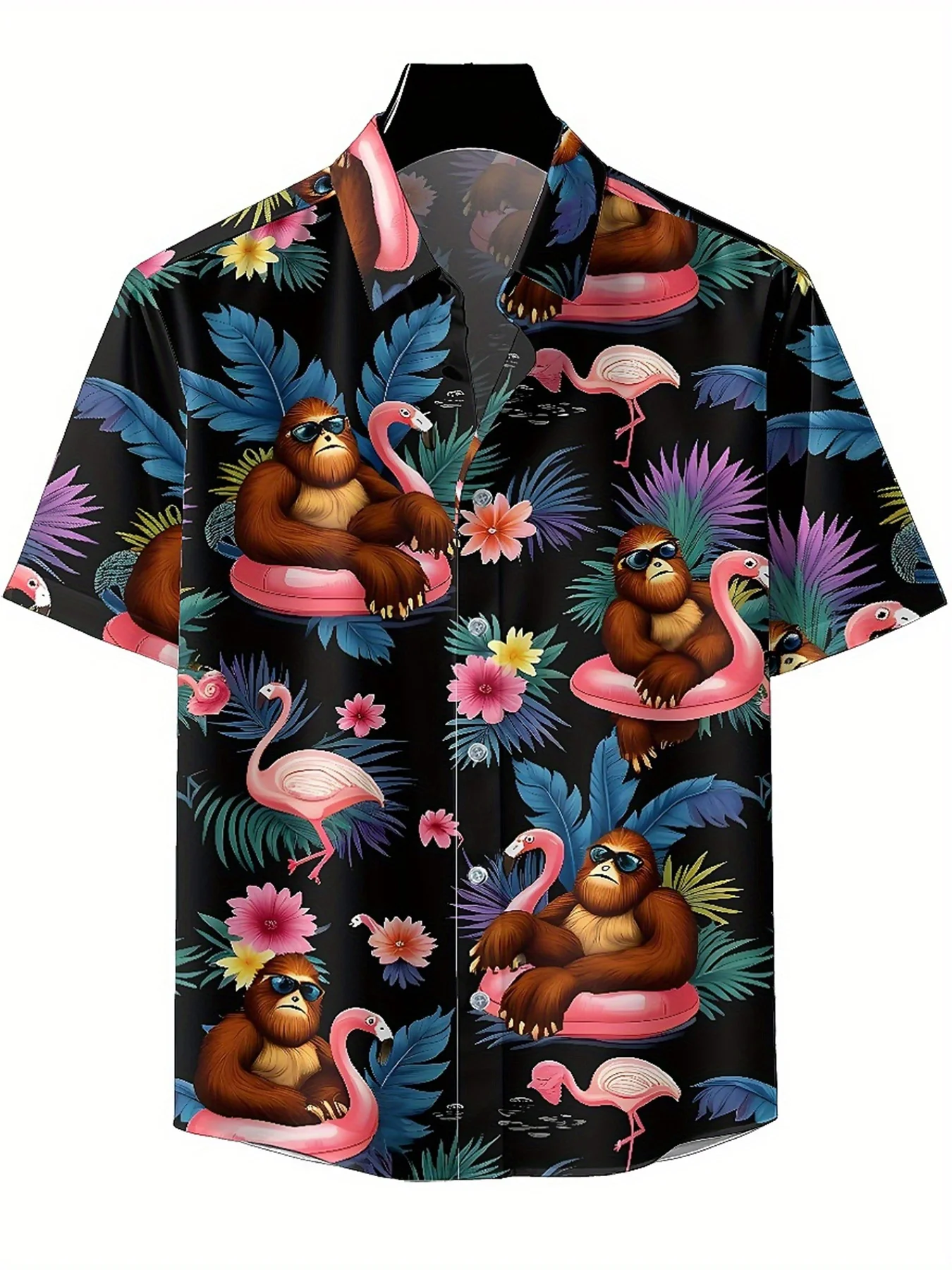 Men's Plus Size Hawaiian Shirts Fun Monkey Pink Flamingo Swimming Ring pattern,Unisex Aloha Shirts,summer Alternative Clothing