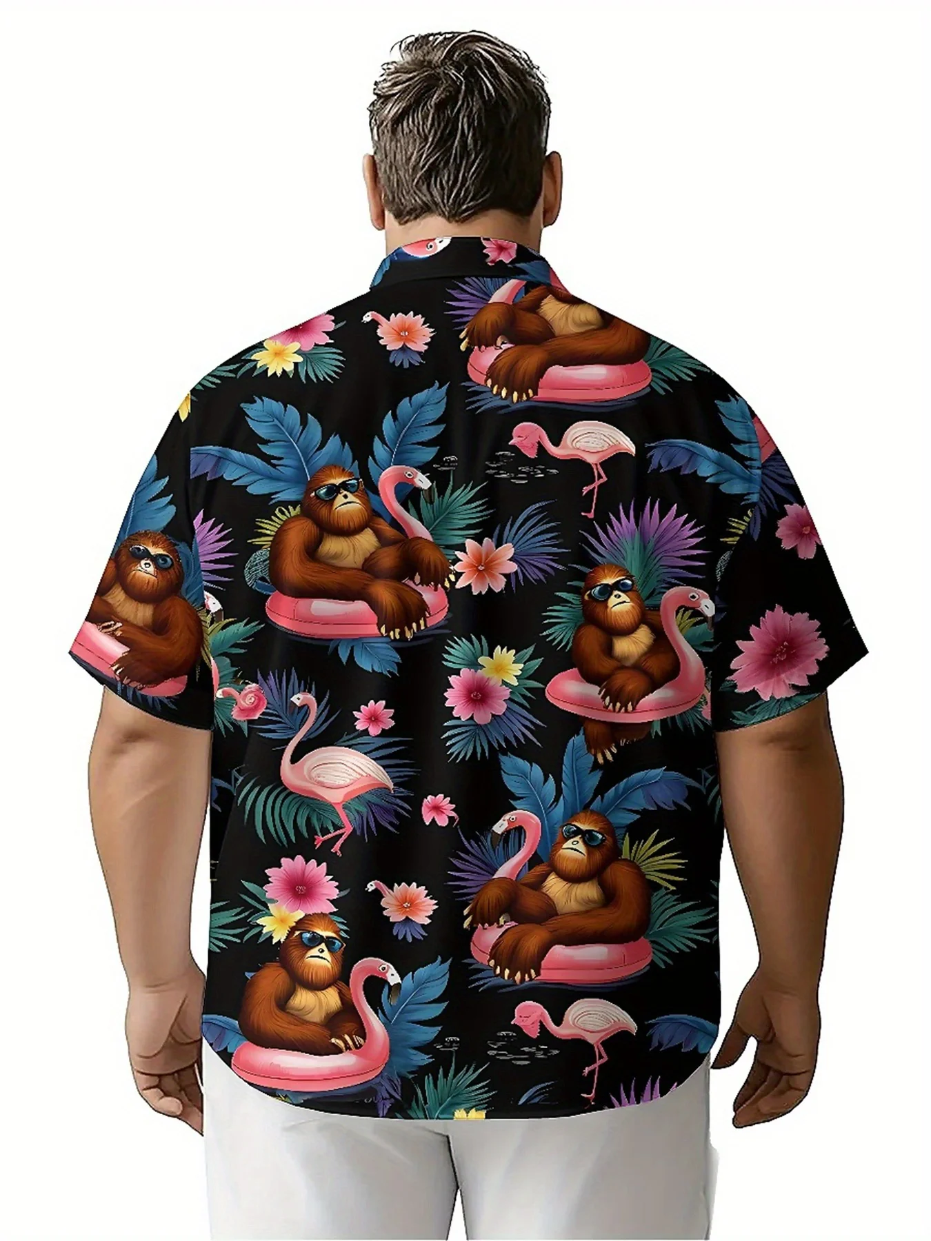 Men's Plus Size Hawaiian Shirts Fun Monkey Pink Flamingo Swimming Ring pattern,Unisex Aloha Shirts,summer Alternative Clothing