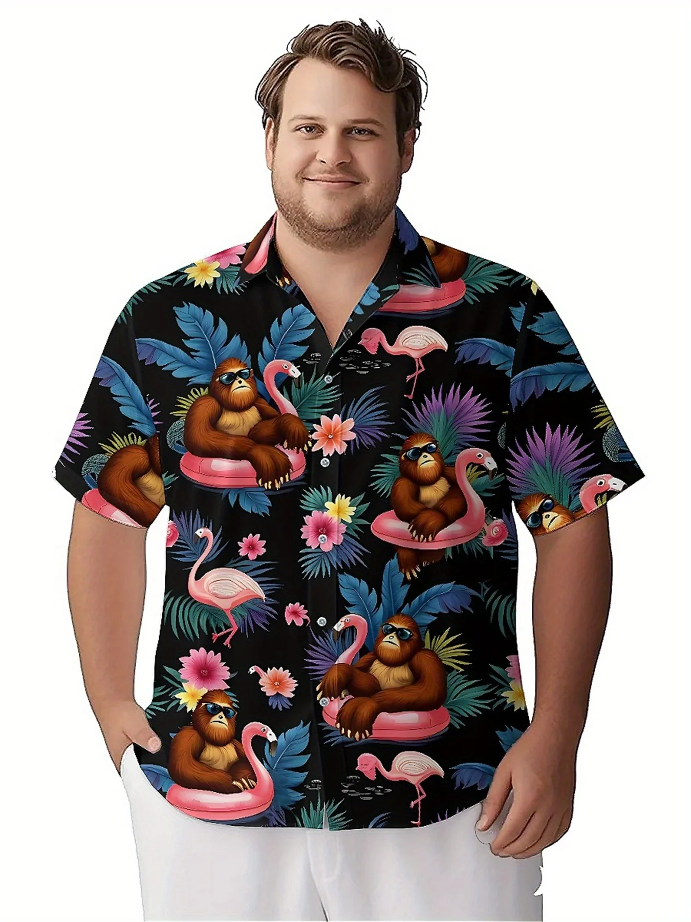 Men's Plus Size Hawaiian Shirts Fun Monkey Pink Flamingo Swimming Ring pattern,Unisex Aloha Shirts,summer Alternative Clothing