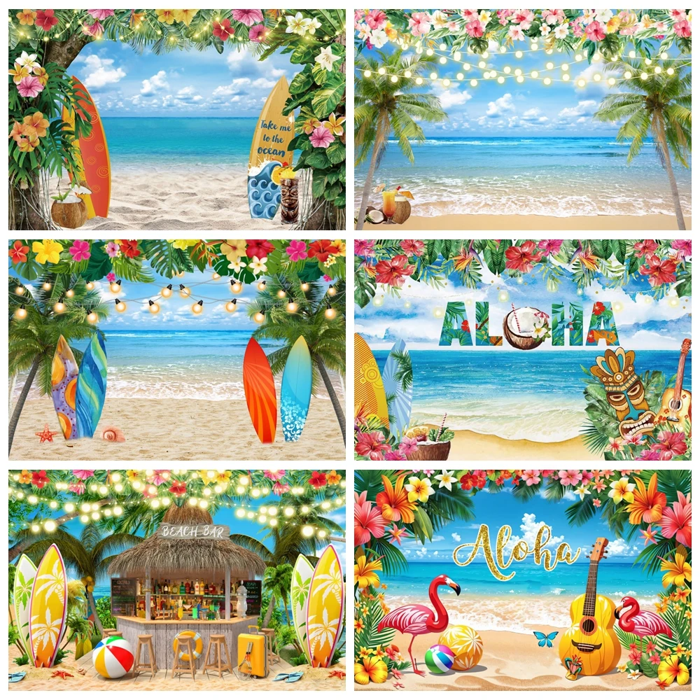 Summer Hawaiian Tropical Beach Backdrop Aloha Luau Flamingo Ocean Surfboard Wedding Birthday Party Photography Background Decor
