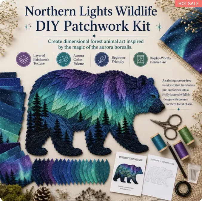 Northern Lights Wildlife DIY Patchwork Kit, DIY Northern Lights Patchwork Sewing Kit, Precut Starry Fabric Pieces Embroidery