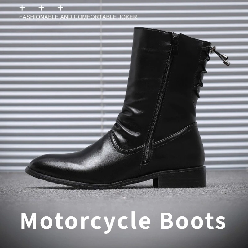 Men's Leather Boots High Quality Black Motorcycle Boots Designer Punk Rock Mid-calf Boots Fashion High Top Shoes Botas Masculino