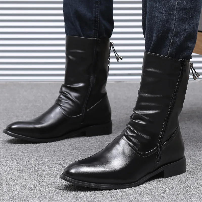 Men's Leather Boots High Quality Black Motorcycle Boots Designer Punk Rock Mid-calf Boots Fashion High Top Shoes Botas Masculino