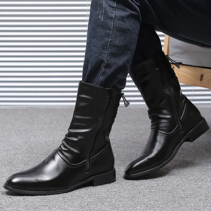 Men's Leather Boots High Quality Black Motorcycle Boots Designer Punk Rock Mid-calf Boots Fashion High Top Shoes Botas Masculino