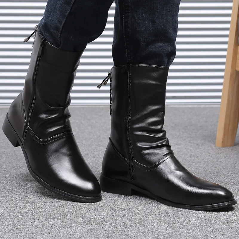 Men's Leather Boots High Quality Black Motorcycle Boots Designer Punk Rock Mid-calf Boots Fashion High Top Shoes Botas Masculino
