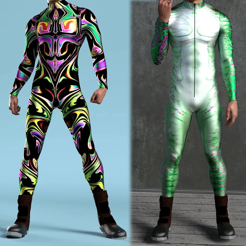 Men Punk Muscle Jumpsuit 3D Colored Drawing Cosplay Bodysuit Music Festival Costume Halloween Carnival Party Shows Suits