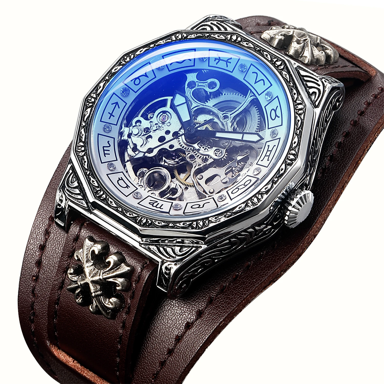 Locomotive Party Punk Wind Automatic Mechanical Watch Classic Luxury Skeleton Design Men's Waterproof Luminous Retro