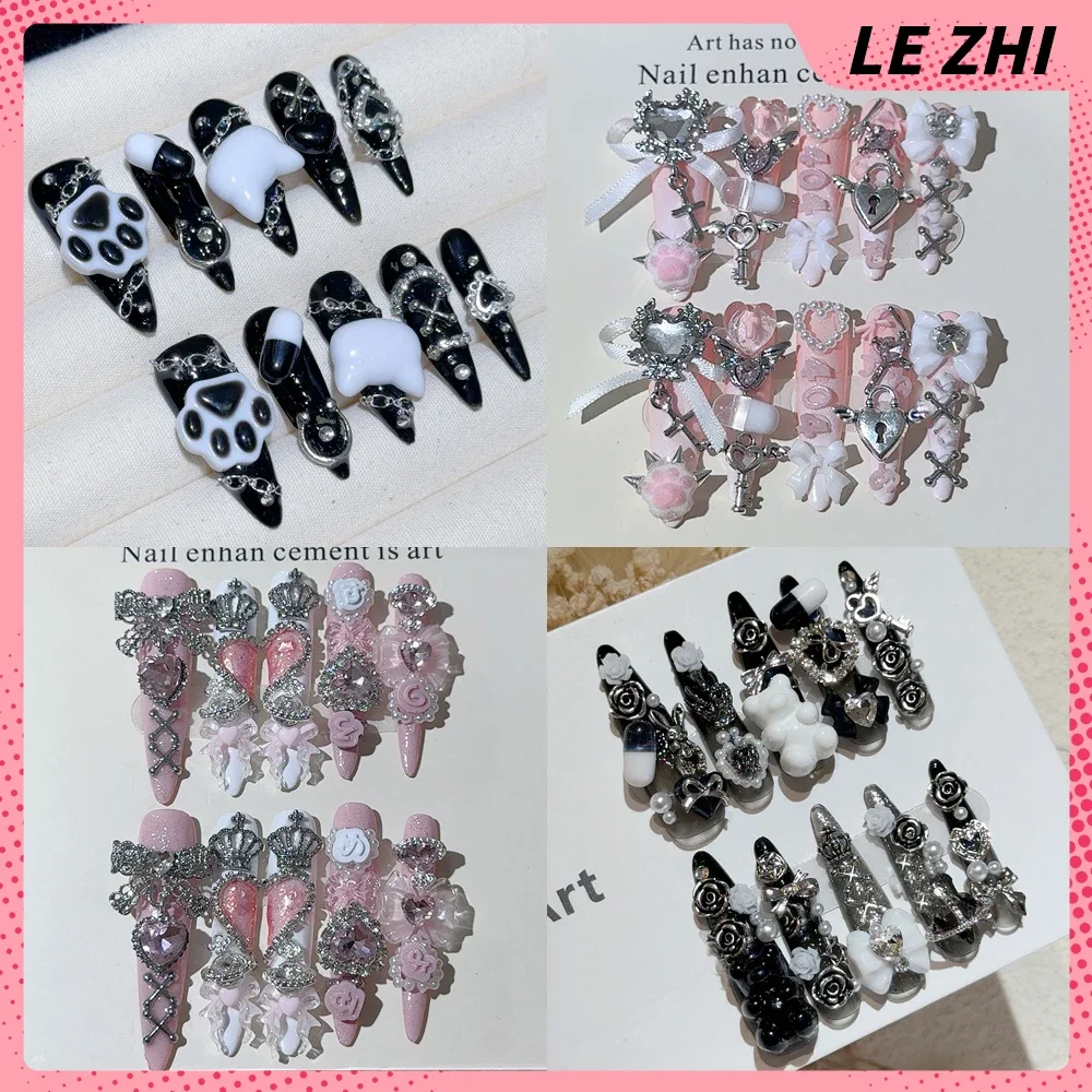 Stiletto Punk False Nails Cute Cat Claw Metal Chain Design Y2K Spicy Girl Rhinestone Fully Covered Press On Nails
