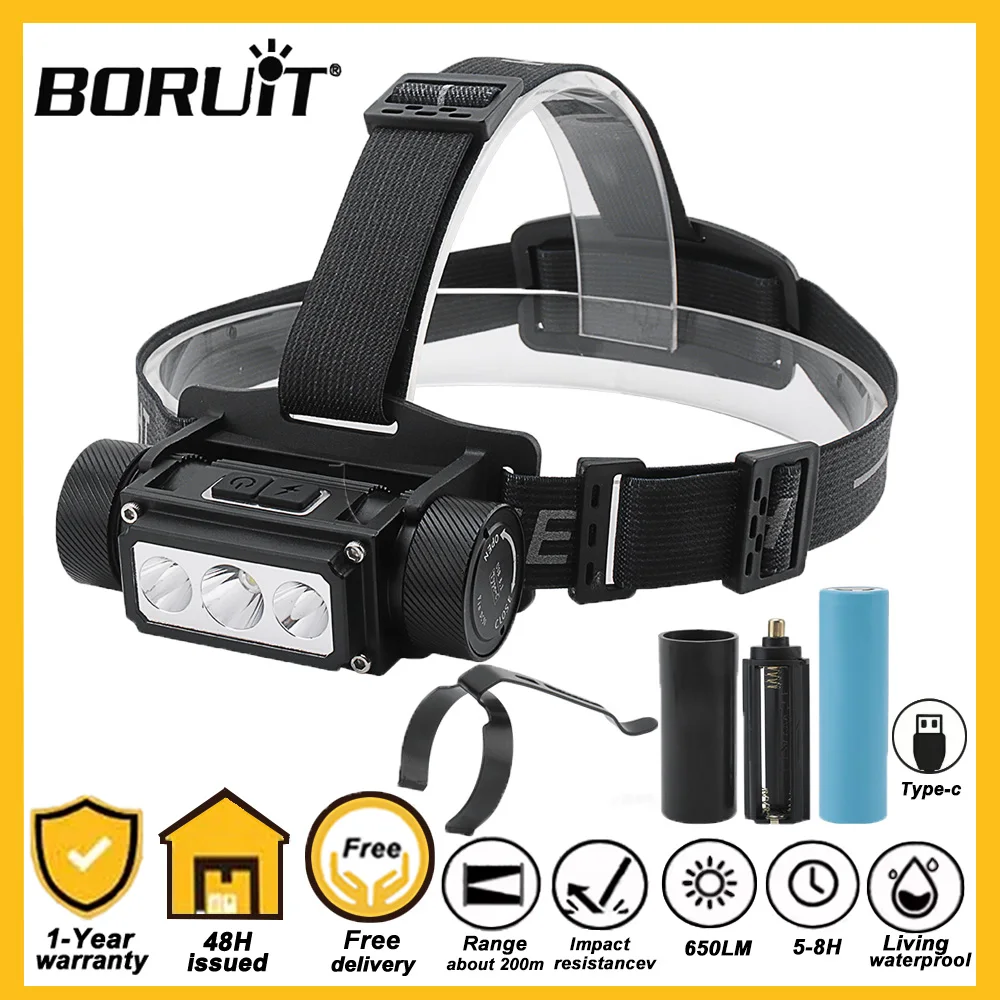 BORUiT 6000LM High Powerful LED Headlamp 21700 Type-C Rechargeable Headlight Fishing Head Flashlight Work Torch Camping Lantern