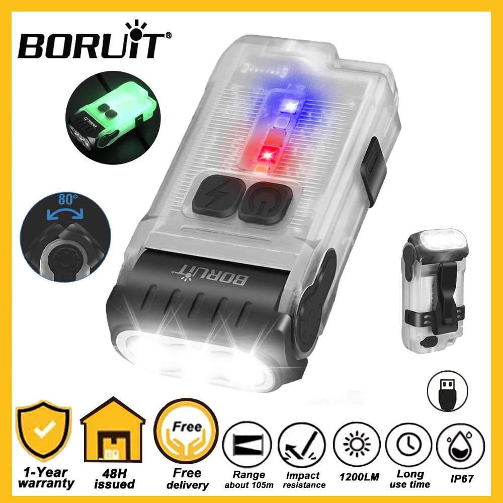 BORUiT V15 Work LED Flashlight Keychain Powerful USB-C Rechargeable Lamp Fishing Tiki Spotlight Waterproof Camping Torch