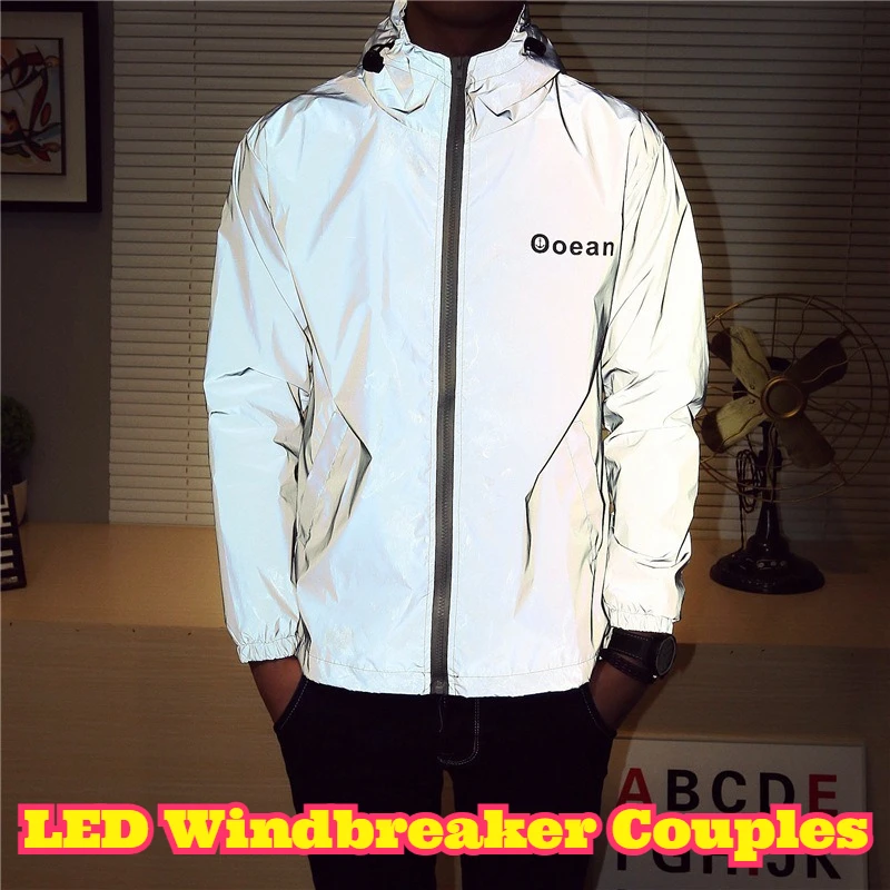 LED Light Up Windbreaker Couples Cycling Reflective Jacket Matching Night Running Sports Wear His Hers Outdoor Safety Raincoat