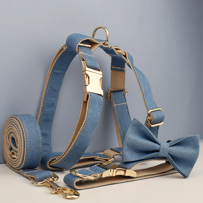 Customized Designer Bare Bottom Denim Dog Collar And Leash Set High Quality Pet Accessories with Printing Dog Harness