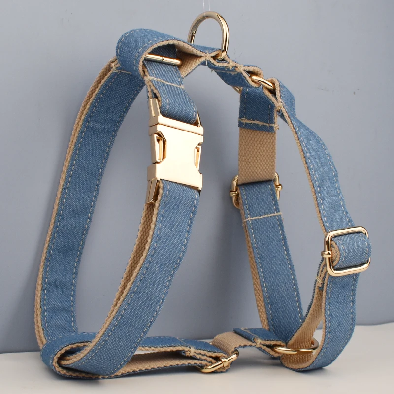 Customized Designer Bare Bottom Denim Dog Collar And Leash Set High Quality Pet Accessories with Printing Dog Harness