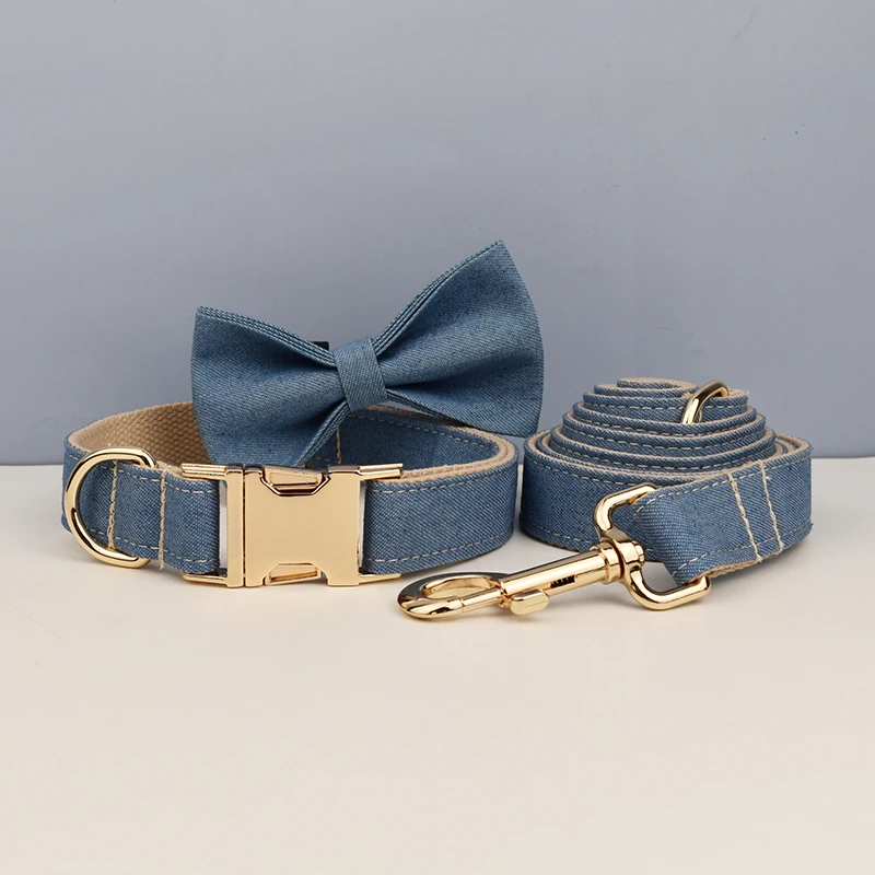 Customized Designer Bare Bottom Denim Dog Collar And Leash Set High Quality Pet Accessories with Printing Dog Harness