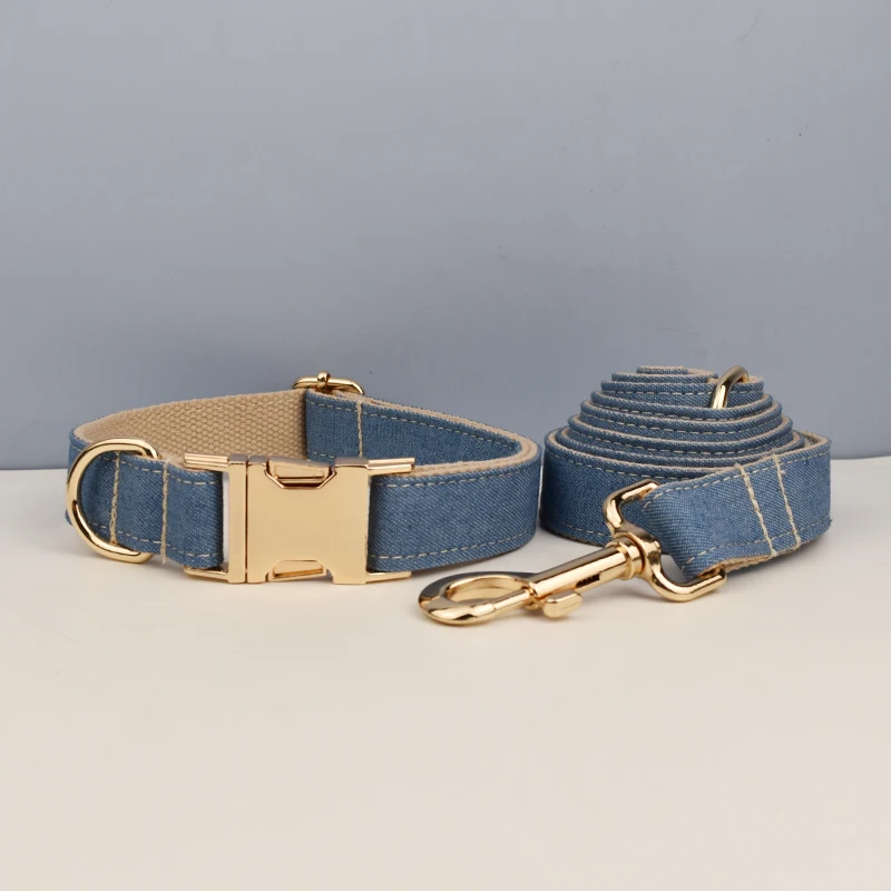 Customized Designer Bare Bottom Denim Dog Collar And Leash Set High Quality Pet Accessories with Printing Dog Harness