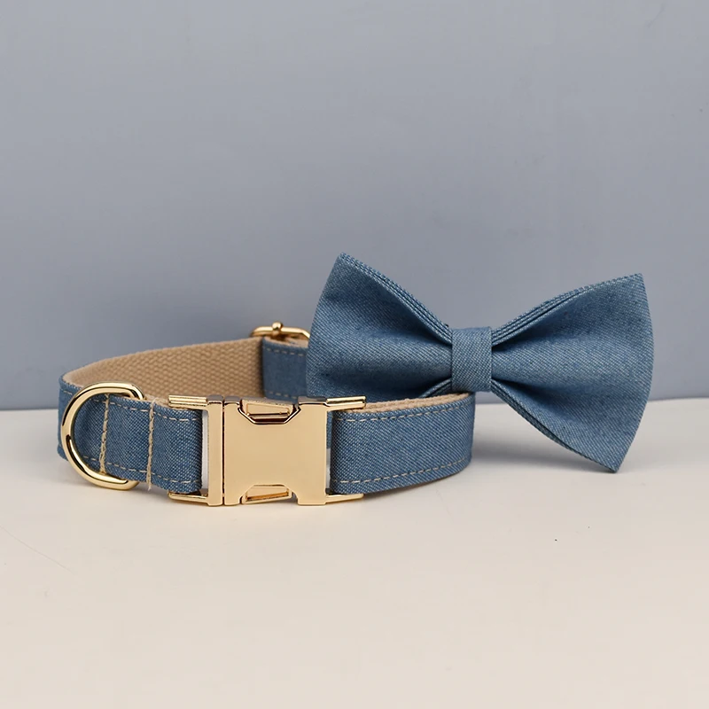 Customized Designer Bare Bottom Denim Dog Collar And Leash Set High Quality Pet Accessories with Printing Dog Harness