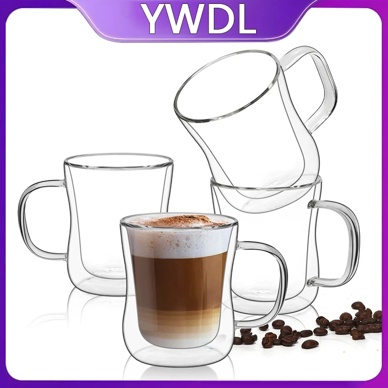 YWDL 180/250/400ml Double Wall Glass Espresso Cups Clear Coffee Mug With Handle For Hot Cold Beverage Milk Juice Drinkware Set