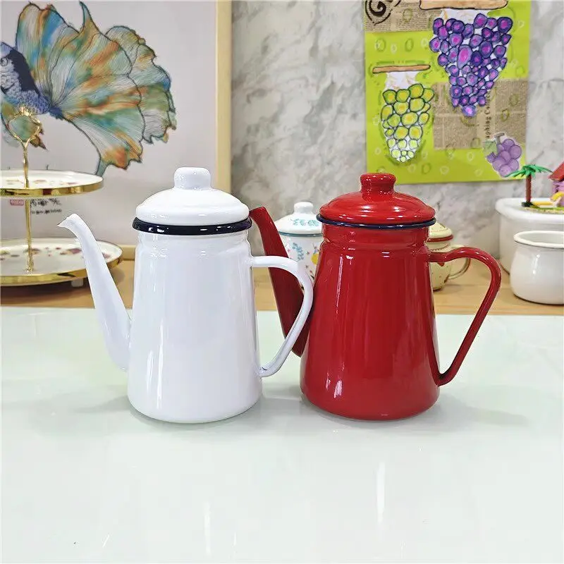 Enamel 1.1L Coffee Pot Oil Pot Milk Tea Enamel Pot Cold Water Household Utensils Can Open Fire Induction Cooker Cookware