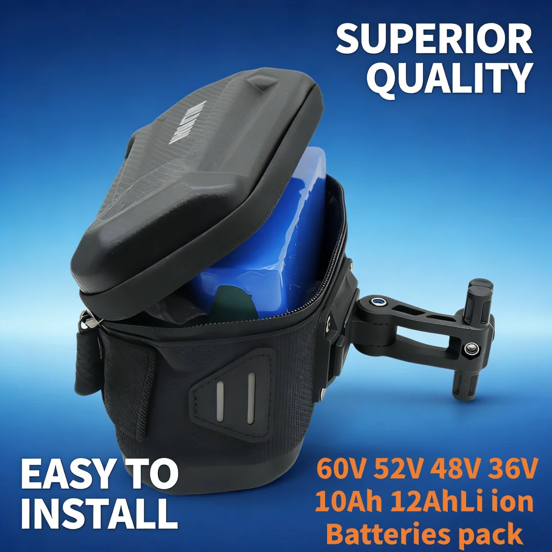 Powerful Rechargeable 36V-60V Li-ion Battery Pack 6Ah-18Ah for  Bicycle Scooter , Waterproof with Charger & External Hook Bag