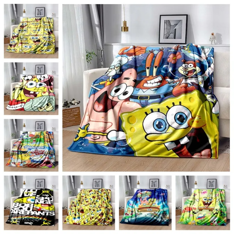 Sponge‑Bob Cartoon Print Flannel Blanket Soft Warm Throw For Kids Bedroom Sofa Indoor Home Decor Children Birthday Holiday Gift