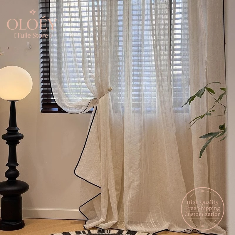 Vertical Striped Linen Curtains French Vintage Black Edge Creamy Sheer Light Blocking for Balcony Living Room Window Treatment
