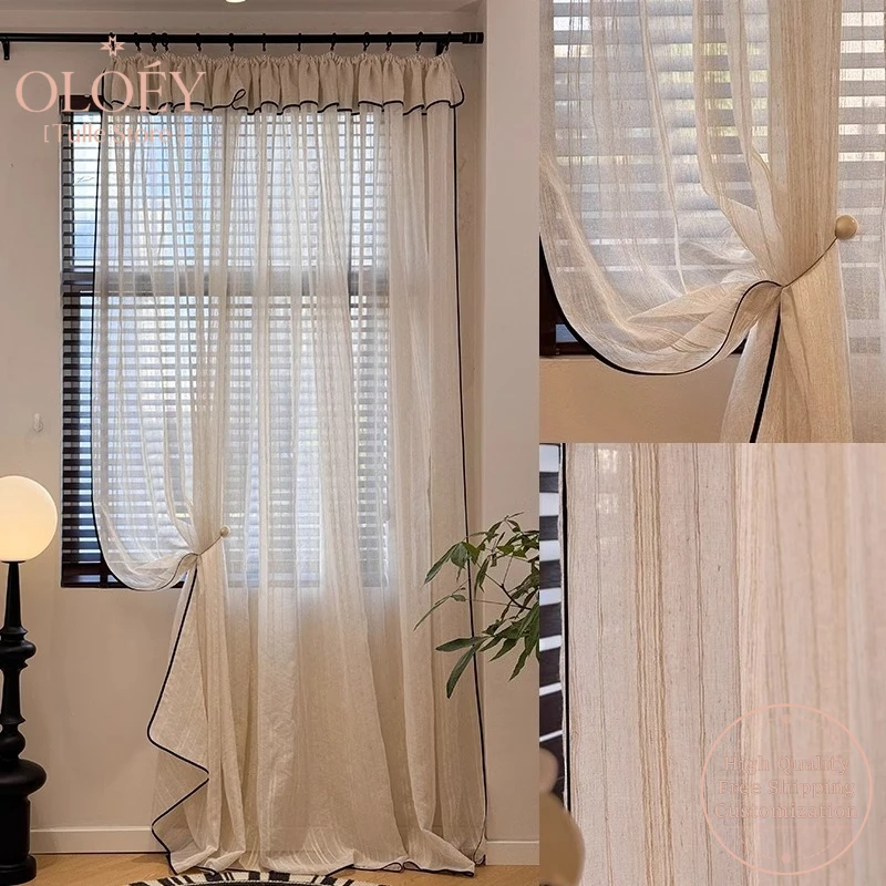 Vertical Striped Linen Curtains French Vintage Black Edge Creamy Sheer Light Blocking for Balcony Living Room Window Treatment