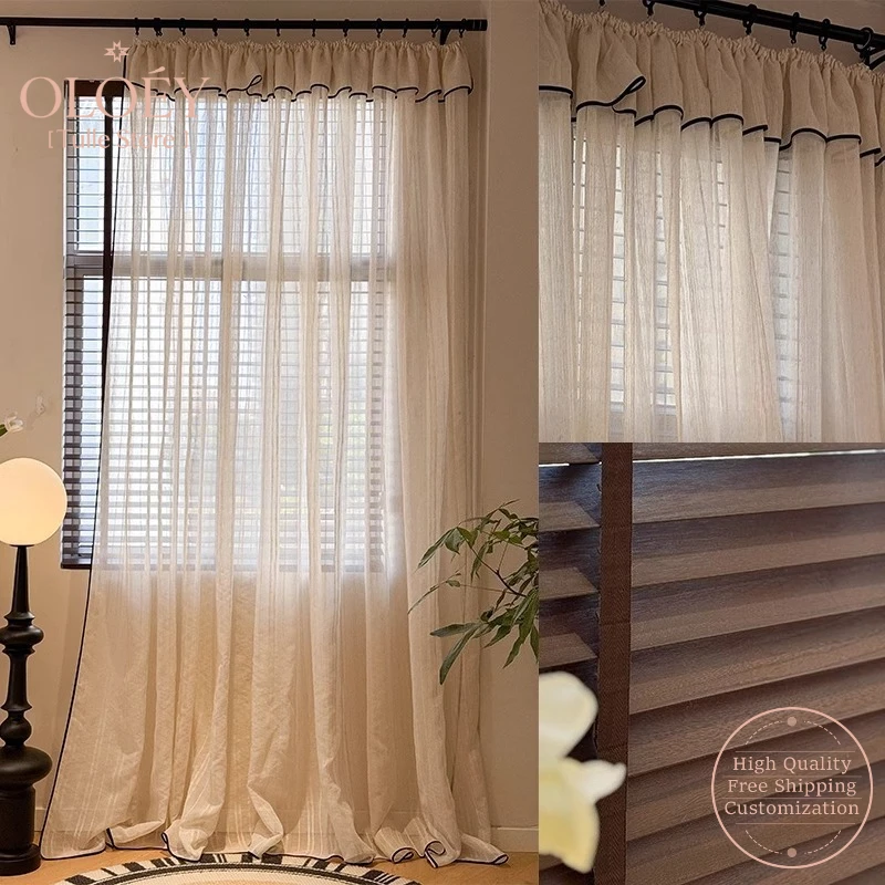 Vertical Striped Linen Curtains French Vintage Black Edge Creamy Sheer Light Blocking for Balcony Living Room Window Treatment
