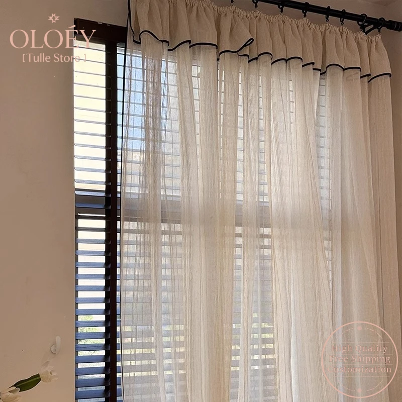 Vertical Striped Linen Curtains French Vintage Black Edge Creamy Sheer Light Blocking for Balcony Living Room Window Treatment