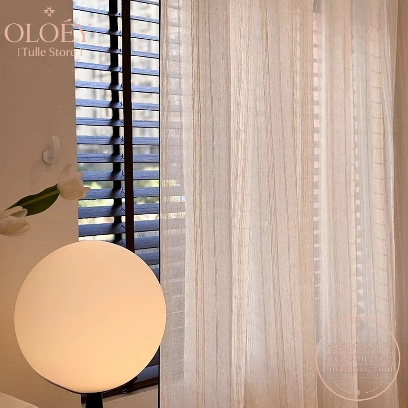 Vertical Striped Linen Curtains French Vintage Black Edge Creamy Sheer Light Blocking for Balcony Living Room Window Treatment