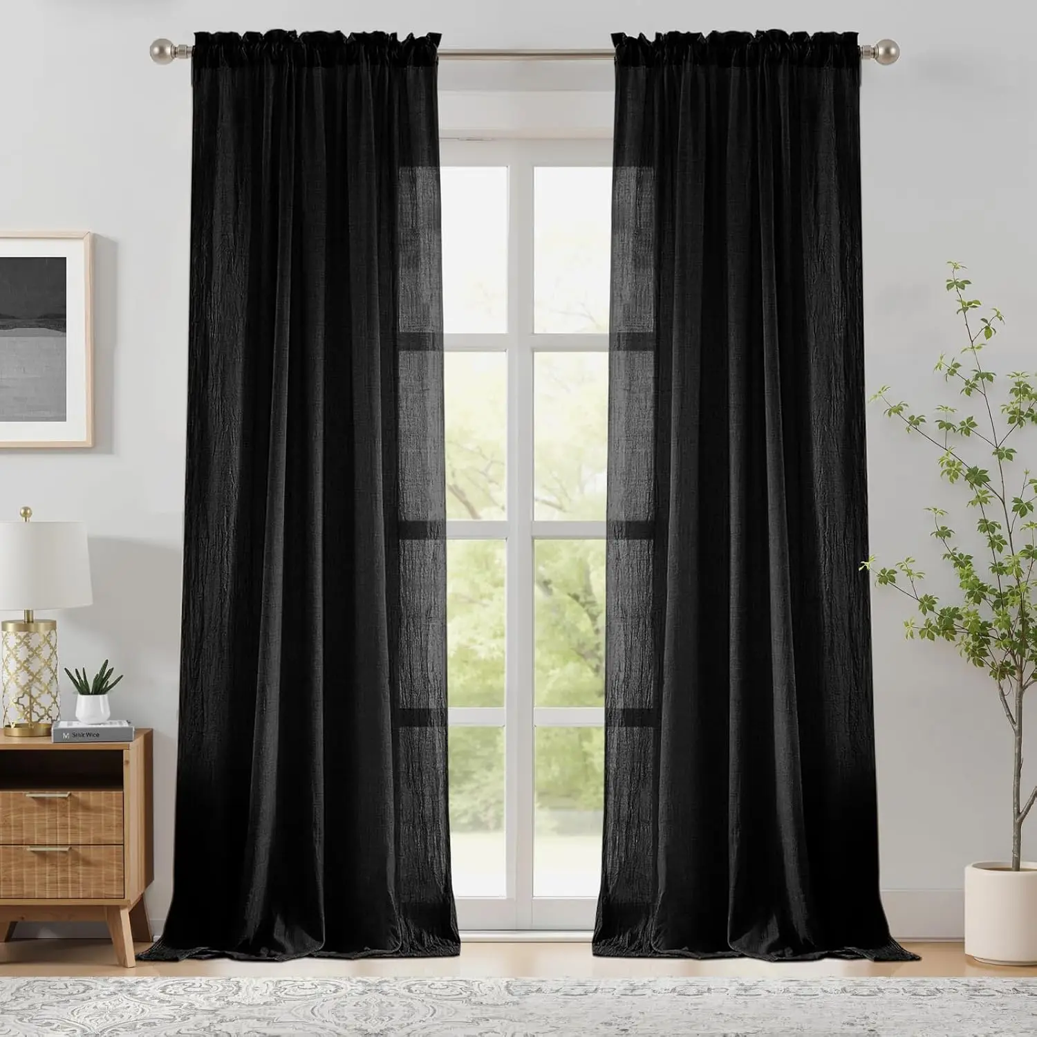 Black Sheer Curtains for Bedroom Living Room, Natural Linen Light Filtering Curtains Sheer, Farmhouse Rod Pocket Voile Drapes