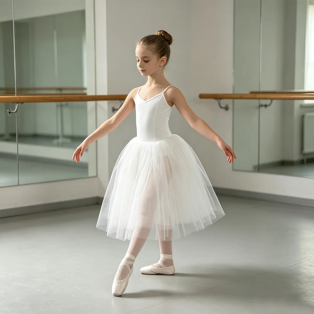 Children's Ballet Tutu Skirt Ballet Costume White Sling Jumpsuit Fluffy Tutu Skirt Professional A-Line Gauze Tulle Skirt
