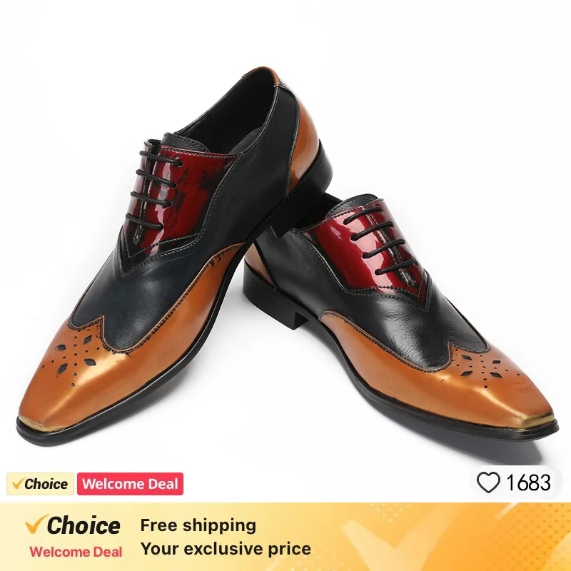LUXURY MEN'S OXFORD SHOES BLACK MIX COLOR CASUAL DRESS MAN SHOES LACE UP POINTED TOE POLISH REAL LEATHER SHOES FOR MEN