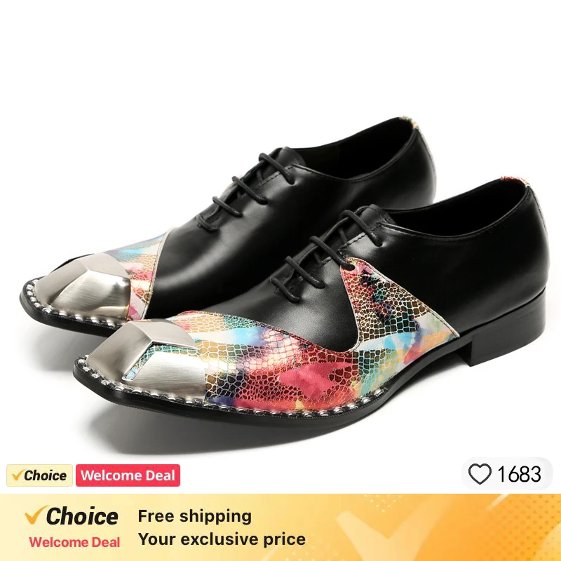 LUXURY MEN'S OXFORD SHOES BLACK MIX COLOR CASUAL DRESS MAN SHOES LACE UP POINTED TOE POLISH REAL LEATHER SHOES FOR MEN