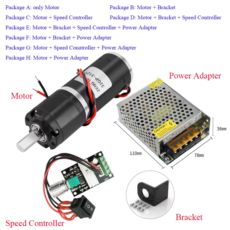 DC 12V/24V Planetary Reducer Motor 11-2160RPM 32GP-31ZY High Power 0.5-100Kg Large Torque Reverse Adjustable Gear Motor