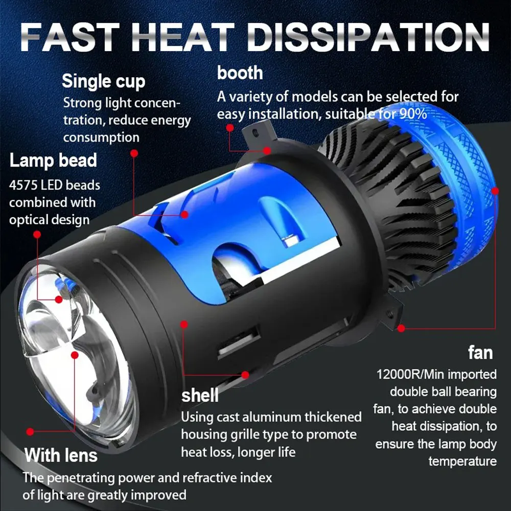 Car H4 LED Lens Headlight Canbus 4800W Hi/Lo Motorcycle H4 Led Headlamp Automobiles Led Turbo Fan Fog Light 12V Plug and Play