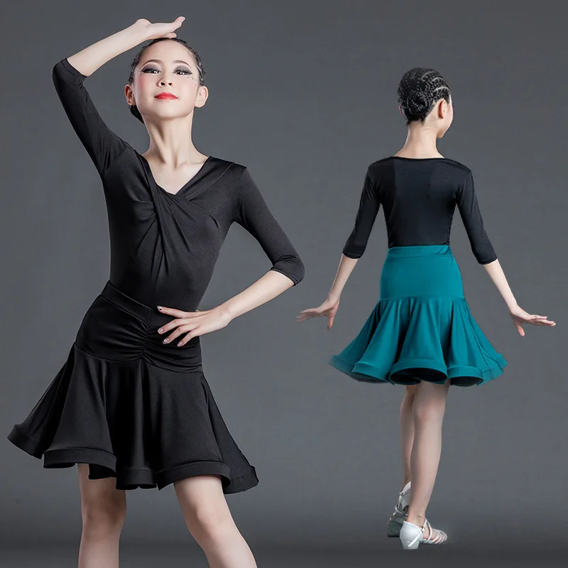 Latin Dance Practice Dress Exam Dress Children's Latin Skirt Competition Performance Dress Short Sleeve Female Fish Bone Skirt