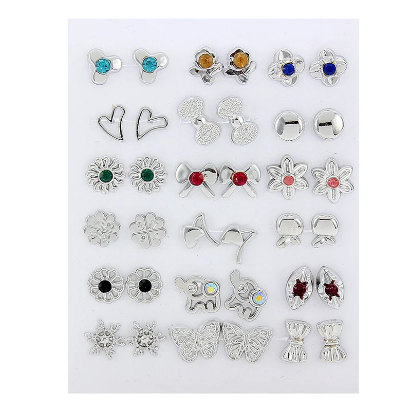 18 Pairs Colorful Rhinestone Hollow Flower Animal Mix Style Plastic Stud Earrings Set For Women Girls