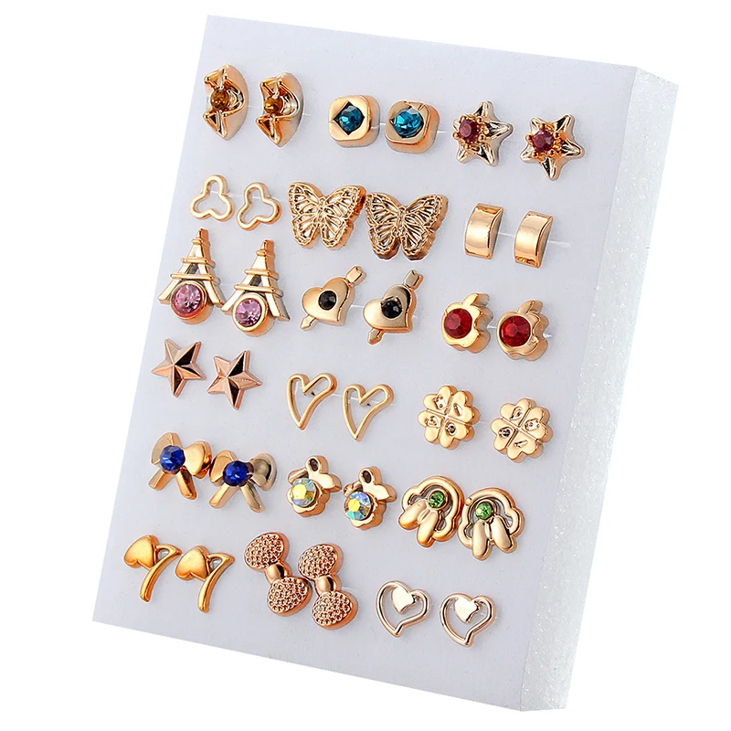 18 Pairs Colorful Rhinestone Hollow Flower Animal Mix Style Plastic Stud Earrings Set For Women Girls