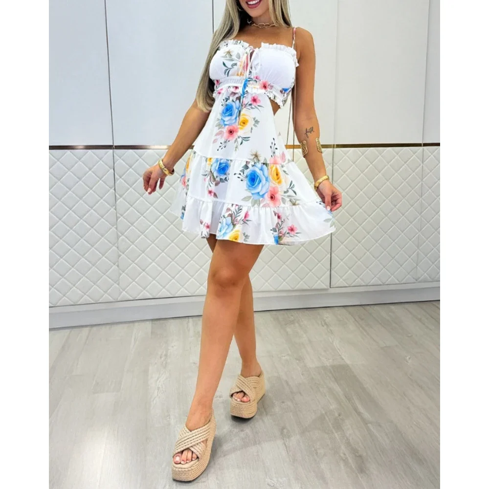 Sexy Women Floral Print Cold Shoulder Spaghetti Strap Mini Skirt Ruched Shirred Back Hollow-out Dress Summer Vacation Wear
