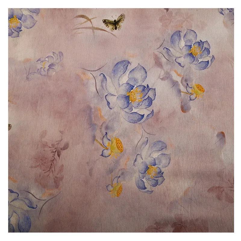 Lotus Pattern Digital Printed Brocade Cotton Fabric Summer Thin Dress Fabric National Style Cheongsam Shirt Fabric
