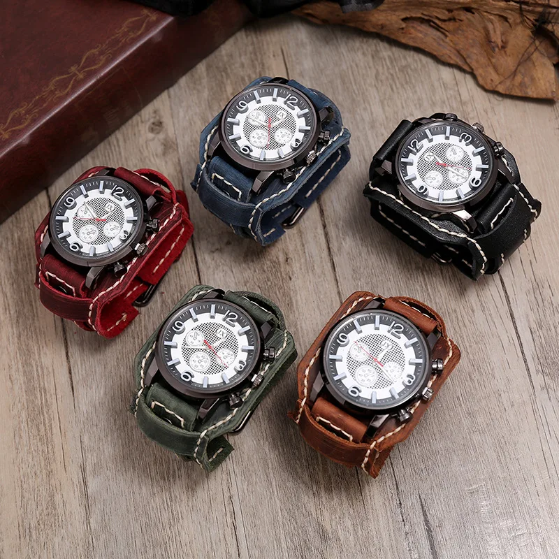 New Retro Mens Watches Genuine Leather Wide Watchband Wristwatch Fashion Punk Style Quartz Watch For Men 2025 Cowhide Bangles