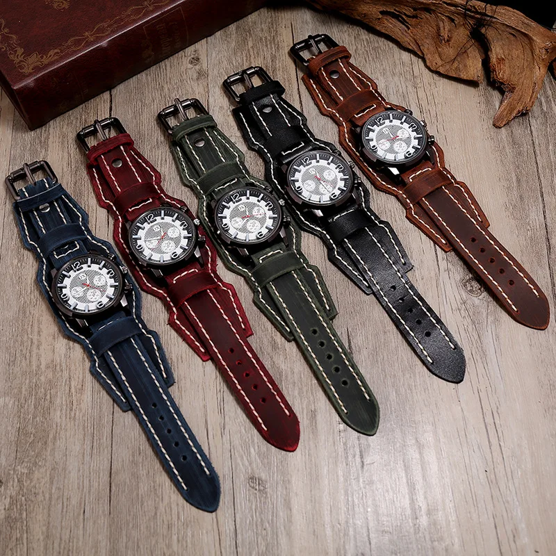 New Retro Mens Watches Genuine Leather Wide Watchband Wristwatch Fashion Punk Style Quartz Watch For Men 2025 Cowhide Bangles