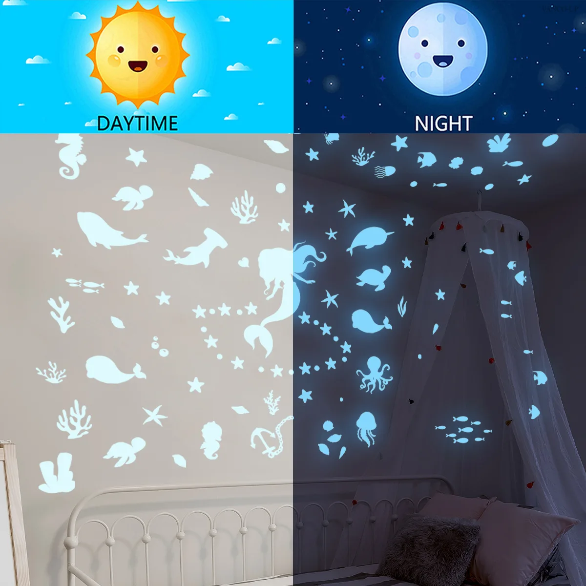 Glow-in-the-Dark Mermaid Wall Decals - Blue Ocean Fantasy Night Light Stickers for Kid