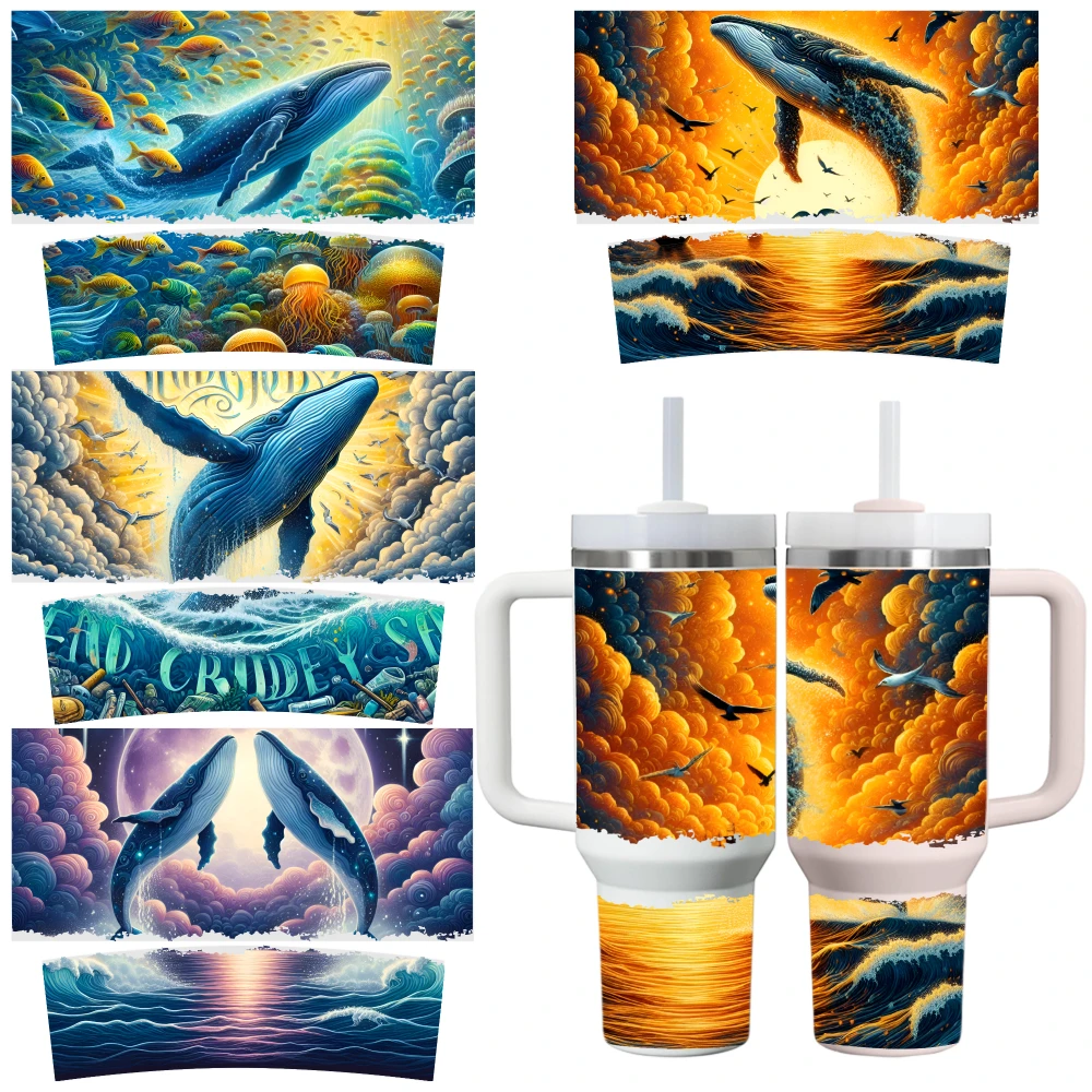 4 Sheets Whale Ocean Sky Cloud Sunset Wave Dolphin Moon Star Sea Life Artistic Colorful Vibrant Imaginary Fantasy Nature UV DTF