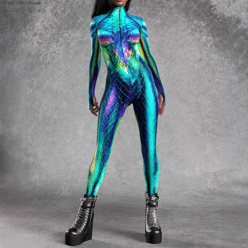 3D Fish Scale Print Mermaid Jumpsuit Party Cosplay Costume Halloween Xmas Shows Women Bodysuit Holiday Zentai (No Shinny)