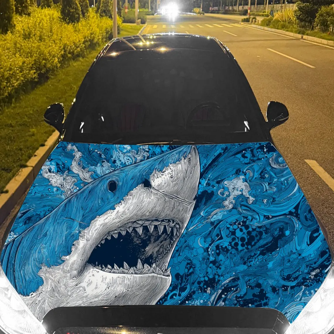 Car Decal Great White Shark with Blue Ocean Textured Motif in Artistic Marine-Intense Style - Bold Aquatic Thrilling Fantasy Aes